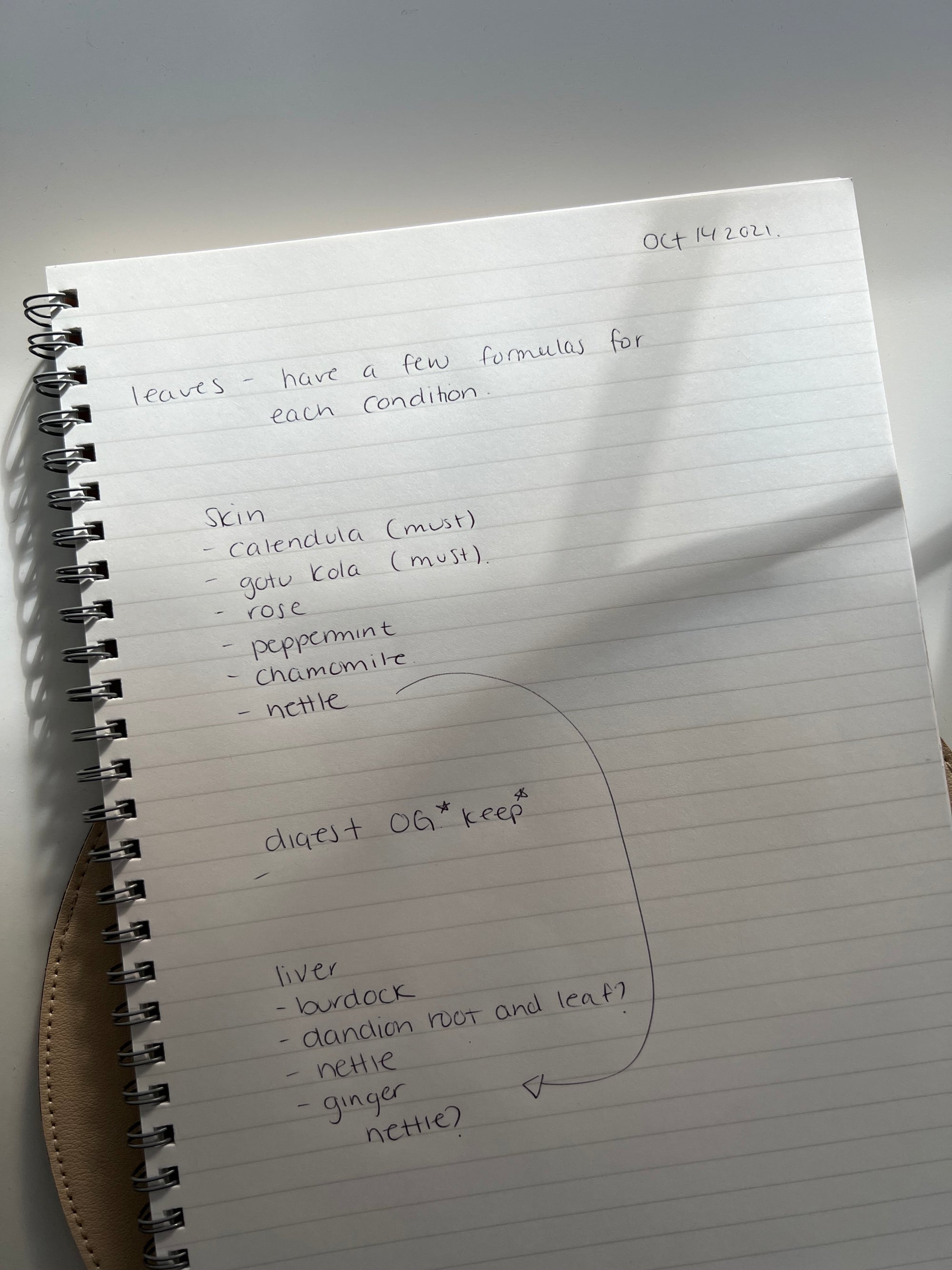 Notebook with handwriting of tea ingredients